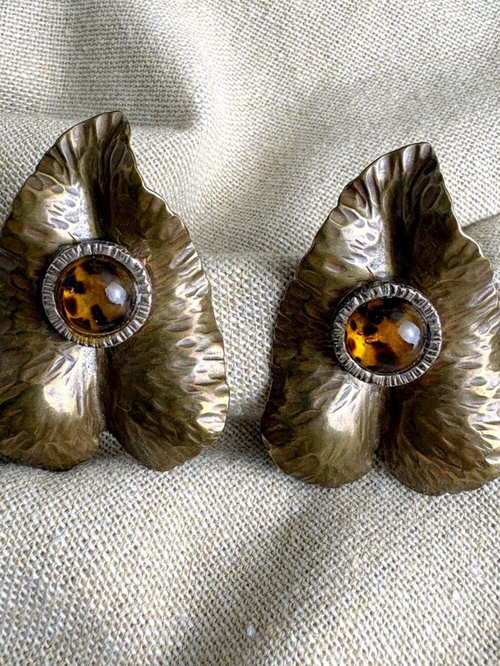 Hammered Brass-Tone Metal Leaf Earrings with Faux Tortoise Shell Cabochon